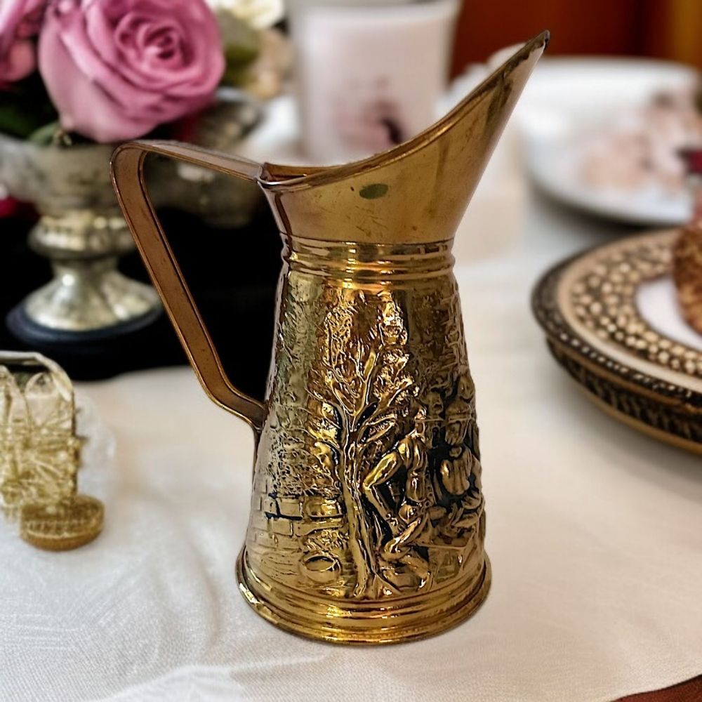 Brass Embossed Ale Pitcher‎ Pub Scene Repousse Made In England Textured Vintage